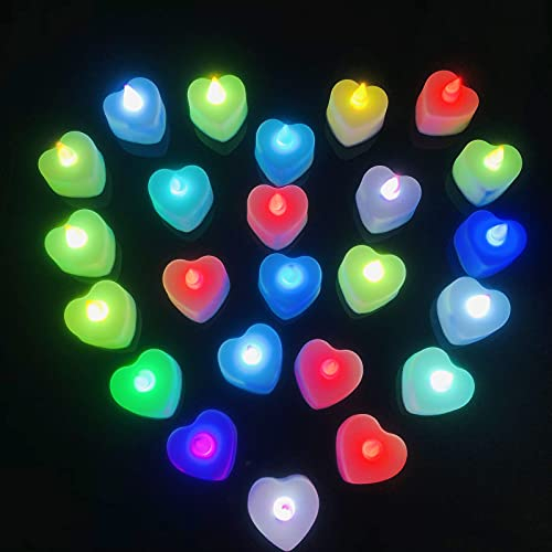 24 Pièces Bougies LED Amour Electrique Flamme Vacillante Bougie Sans Flamme Bougie Chauffe-plat à Piles pour Maison Mariage Fête Noël Décoration (Amour-Coloré)