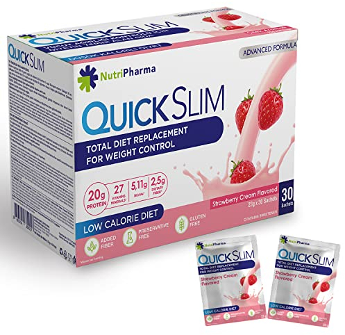Quick Slim Substitut de Repas Shake pour La Perte de Poids, 30 portions, 20g de Protéines, 27 vitamines et minéraux, Fibres Alimentaires, Faible teneur en glucides, Sans Gluten (Fraise)