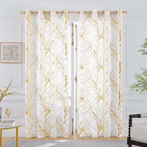 FMFUNCTEX Weiß Gold Voile Vorhänge Transparente Gardinen mit Ösen für Wohnzimmer Metallic Zweigen Muster Vorhänge Lichtdurchlässig Ösenschal für Schlafzimmer 2er Set, 175 x 134 cm (H x B)