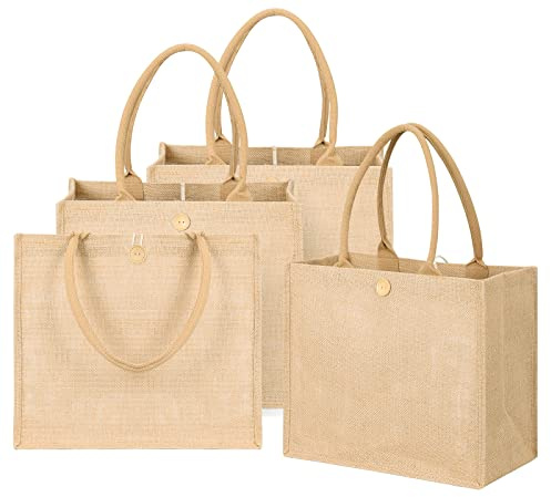 Jazpyne Burlap Tote Bags 4 Pack Jute Tote with Handles and Button (13.7'' x 12.1'' x 7.6'') Reusable Shopping Blank Gift Bags for Party Beach Trip Bridesmaid Wedding DIY
