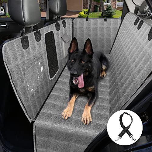 ped paw Hundedecke Auto Rückbank, Wasserdicht Autoschondecke Hund Rücksitz (137x148cm) mit 1 Elastischen Hundesitzgurt, Anti-Kratzer Pflegeleichte Universal Hund Auto Rückbank
