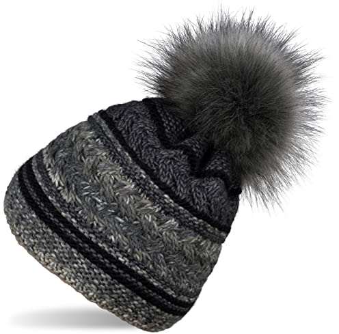 styleBREAKER Damen Strick Bommelmütze mit Buntem Mustermix und Fleece Futter, Winter Fellbommel Mütze, Strickmütze 04024202, Farbe:Schwarz-Dunkelgrau
