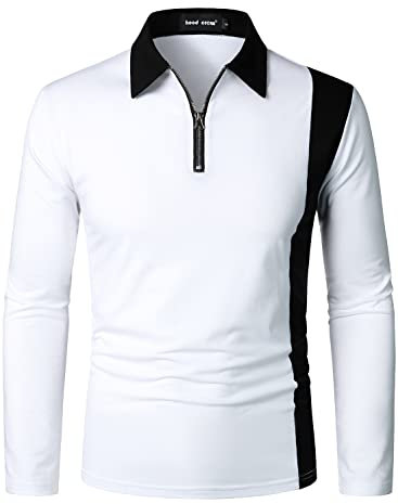 HOOD CREW Men’s Long Sleeve Polo Shirts Golf Shirt Casual Contrasting Color Tennis Top White