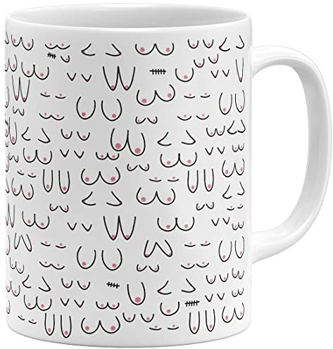 OM3® witzige Kaffeetasse mit Brüsten Titten Kaffee-Tasse Brüste-Muster Doodle | Keramik Becher | 11oz 325ml | Rundumdruck | Weiss