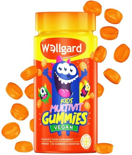 Wellgard Vegan Childrens Vitamins, Kids Multivitamin Gummies - Kids Vitamins Multivitamins, 60 Gummies, Orange Flavour