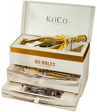 Bottega Prosecco DOC 75cl KeiCo Luxe Gift Box Hamper with 2 Gold Champagne Flutes and Solid Chocolate Corkscrew - Congratulations, Birthday Prosecco Gifts For Women (Gold)