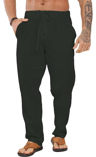 LVCBL Herren Lange Hose Baumwolle Leinen Casual Classic Fit Hose Dunkelgrau L