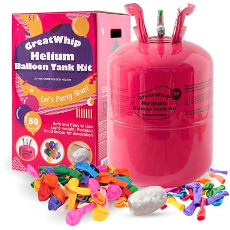 GreatWhip 13L Helium Tank Up To 50 Latex Balloons, Helium Tank For Balloons At Home, 50 Latex Balloons And Ribbons Included.