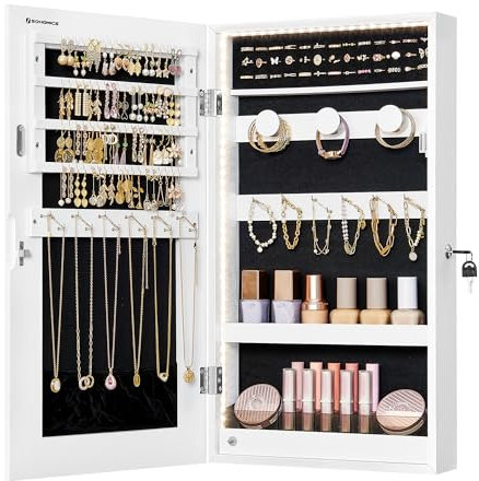 SONGMICS Spiegel-Schmuckschrank mit integrierten LED-Lichtern, Wand- oder Türmontage, Schmuckaufbewahrungs-Organizer, 9,5 x 37,8 x 66,4 cm, hängender Spiegelschrank, Geschenkidee, Weiß UJJC050W01
