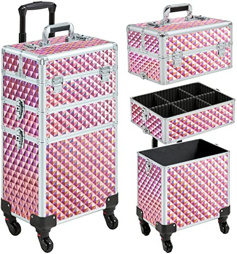 costoffs Rolling Makeup Train Case 3 in 1 Cosmetic Case Professional Makeup Suitcase Large Aluminum Cosmetic Trolley with Swivel Wheels and Key Pink