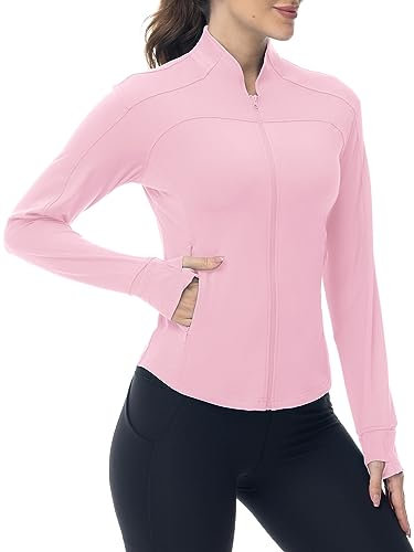 YSENTO Damen Sportjacke Laufjacke Funktionsjacke Wanderjacke Leicht Langarm Yoga Gym Sport Oberteil Atmungsaktive mit Daumenloch(Rosa,XS)