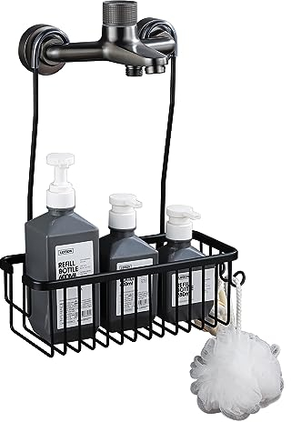 Kindrino Estante de Ducha con Colgador Aluminium,Estante de Ducha Colgar, Estantería Ducha Jabonera Ducha sin Taladros, negro