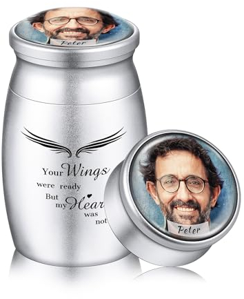 OTXIXTO Personalisierte Kleine Kremation Asche Halter Aluminium Urne Glas Deckel mit Gravur Foto/Name Individueller Asche Andenken für Mensch Haustier Hund Katze (Silber-Optionaler Text)