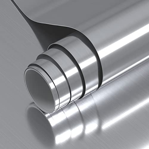 VOLEAAR Glossy Silver Stainless Steel Contact Paper 40CM x 500CM Peel and Stick Vinyl Brushed Metal Look Wallpaper for Kitchen Cabinet Countertop Dishwasher Appliances Wrap Fridge Cover