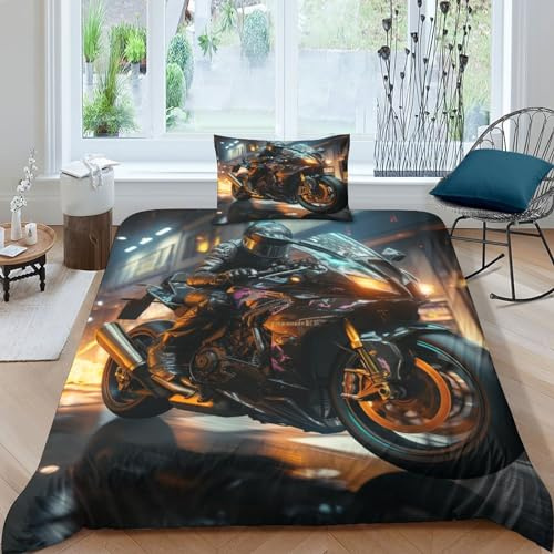 OPSREY Flame Motorbike Duvet Cover Set Kissenbezug Verstecktes Scharnier Bettbezug Baumwolle Motorräder Bettwäsche Set Wärme Zum Schlafen Steppdeckenbezug Single(135x200cm)