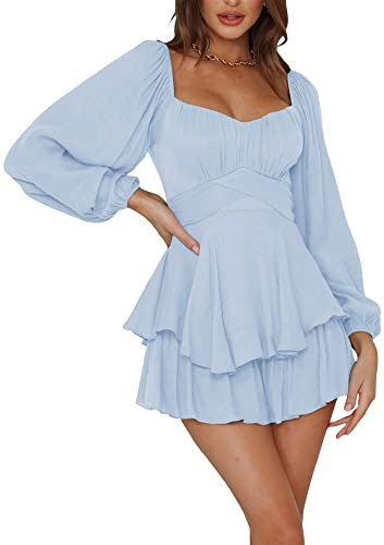 Women Puff Sleeve Square Neck Romper Dress Off Shoulder Ruffle Shorts Smocked Layered Flowy A Line MiniBeach Swing Dress Sundress (C-Gray Blue, M)