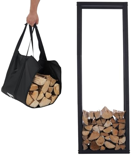 Lendo Online Estante para leña + Bolsa de Transporte– Interior y Exterior – Almacenamiento de leña – Chimenea – Almacenamiento de Madera – Negro - Metal… (50x25x148cm)