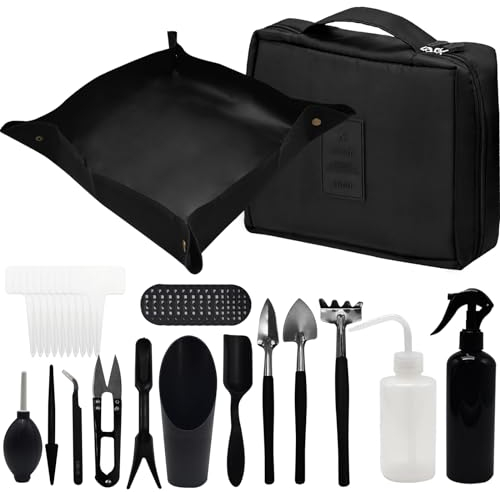 JNUYISW Juego de Herramientas de Jardín, 17 Piezas Las Suculentas Herramienta con Plegable Estera de Jardinería Kit Herramientas Bonsai con Bolsa de Mano para Interior Exterior Jardín en Miniatura