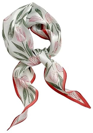 GIMIRO Satin Schal 120cm x 36cm Rhombus Bunte Schals Eleganter Damen-Seidenschal mit Tulpenmuster, Weiß-Rosa-Grün, Vintage-Stil (Red Tulip)