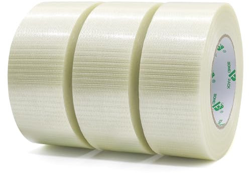 BOMEI PACK Nastro Adesivo in Fibra di Vetro, Nastro in Fibra di Vetro 3 Confezioni da 50mmx40m, Nastro Adesivo Rinforzato Adatto per Imballo Pesante