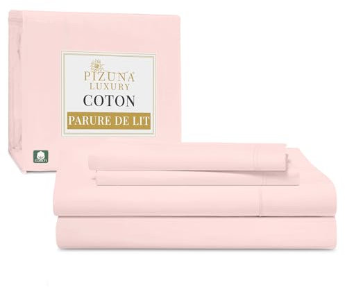 Pizuna Coton Luxueux Parure de Lit 140x200 cm Rose Clair, Tissu de Satin de Coton à 800 Fils au Pouce carré Comprend 1 Drap Housse, 1 Drap Plat, 2 Taie d'oreiller (Coton Draps 2 Personnes)