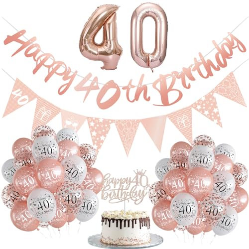 Rose Gold 40th Birthday Decorations Set - 24pcs Confetti Balloons, Happy Birthday Banner, Foil Balloons, Cake Topper & Ribbon