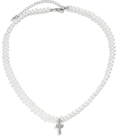 Perlenkette Weiß, Perlenkette für Herren, Perlenkette Herren, Faux Perlenkette Herren Halsketten, Herren Silber-Halskette mit Kreuz-Anhänger, Beste Freundin Geburtstag Jahrestag Schmuck