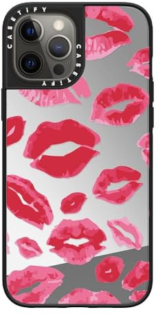 CASETiFY Spiegel iPhone 12 Pro Max Hülle [Reflektierend/1.5m Fallschutz/Kompatibel mit Magsafe] - Lippenstift Küsse - Silber auf Schwarz