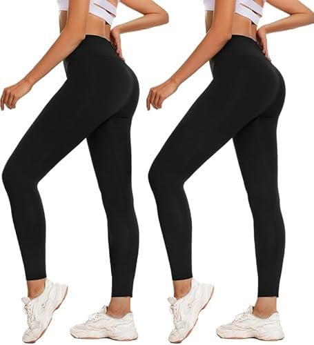 Ulhnei Leggings Damen 2er Pack High Waist Sporthose Schwarz Lang Scrunch Blickdicht Baumwolle Weiche Leggins für Yoga Fitness Outdoor&Freizeit