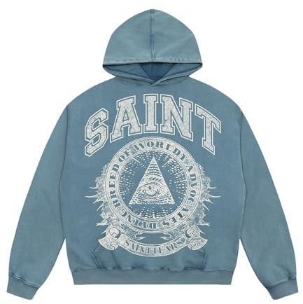 Chainsaw Man Men's Hoodies SAINT Fashionable All-Seeing Eye Graphic Hoodie Men Cotton Pullover Sweatshirts, Blue, Medium