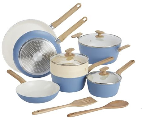 GoodCook 12 pezzi in ceramica sana infusa di titanio blu chiaro – pentole, piroscafo, cucchiaio e spatola – pentole a induzione, set di pentole e