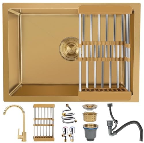 Fregadero Cocina 60 x 40 cm,Fregadero Bajo Encimera o Sobre Encimera,Fregadero Cocina 1 seno incluye grifo de cocina,Fregadero Cocina en Acero Inoxidable con Sifón,Rebosadero y Residuos,Oro Cepillado
