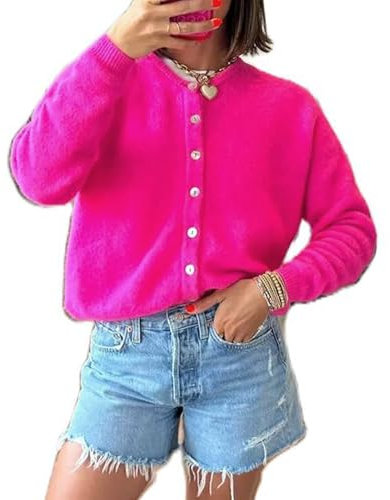 Geagodelia Damen Strickjacke Dünn Langarm Strick Cropped Cardigan Pullover Elegante Strickpullover Strickweste Y2k Sweater Knitted Top Pulli Herbst Frühling (A - Rose, L)