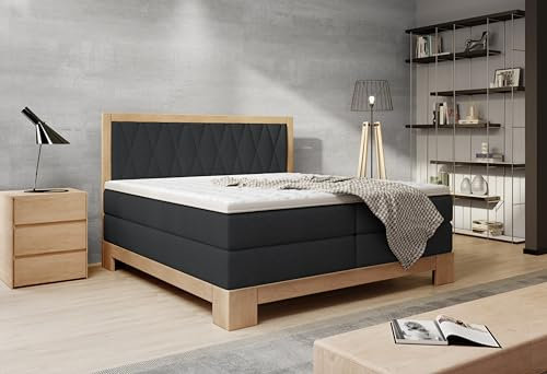Kontinentalbett für das Schlafzimmer Skandinavisches Boxspringbett 180x200cm Aus Heller Eiche-Modernes Design Mit Ergonomischer Matratze Und Kaltschaum-Topper Farbe Schwarz