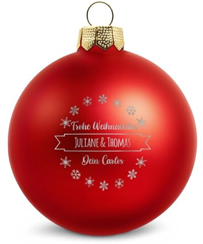 GRAVURZEILE Weihnachtskugel mit Gravur - Dein Wunschtext in 3 Zeilen - Personalisiert mit eigenem Text - Festliche Christbaumkugel für Paare als Weihnachtsdeko - Farbe: Rot Matt - Größe: 10 cm