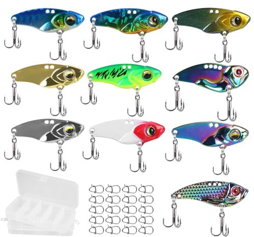 Angelköder Set, 10 Stück Spinner Blade Köder mit Doppelhaken, Leuchtende Farben Wobbler Kunstköder Set mit 2 Tackle Boxen + 20 Wirbeln für Süßwasser und Salzwasser