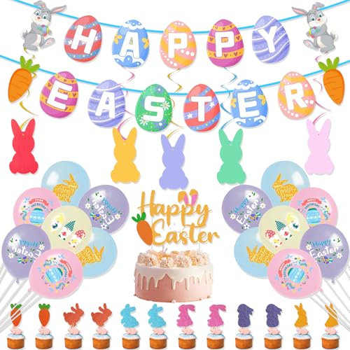 54pcs Easter Decorations for Home, Easter Party Balloons, Happy Easter Bunny Banner, Easter Eggs Bunting, Cute Bunny Hanging Swirls, Rabbit Table Decoration Cake Toppers for Easter Party Supplies