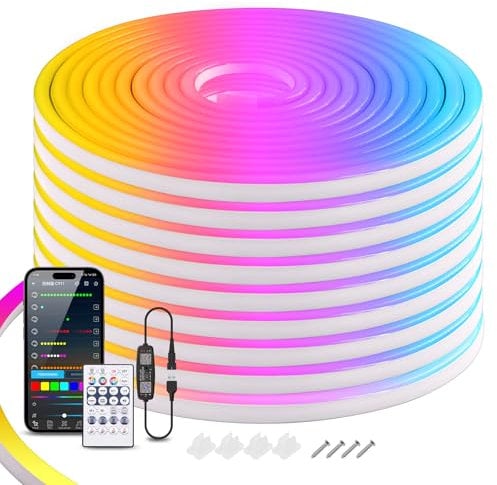 KISUFU RGB Led Strip Lights USB,5V LED Neon Rope Lights,Control with App/28-key Remote RF,Sound Control,IP65 Outdoor LED Neon Lights Strip Flexible for Bedroom, Gaming,Indoor,Party Decoration (5m)