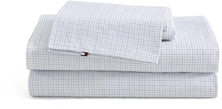 Tommy Hilfiger - Sheet Set, Cotton Percale Bedding with Matching Pillowcase, Crisp & Cool, Premium Quality Home Essentials (New England Plaid Blue, Twin)