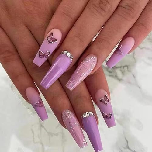 24pcs Long Coffin Press on Nails Purple Ombre False Nails Butterfly Fake Nails Glitter Sequin Stick on Nails Removable Glue-on Acrylic Nail Tips Spring Summer Accessories for Women
