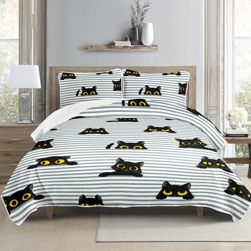 HOSIMA Tagesdecke, Tagesdecke im Schwarze Katze-Stil, Atmungsaktive Steppdecke aus Polyester 3-teiliges Set mit 2 Kissenbezügen als Dekoration für die Sofadecke im Schlafzimmer(Katze XL)
