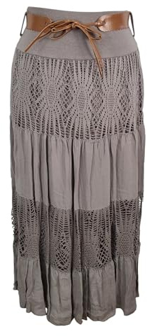 Kiran Fashion New Italian Boho Long Maxi Summer Belted Skirt Lace Gypsy Beach Holiday (UK, Alpha, One Size, Regular, Regular, Mocha)