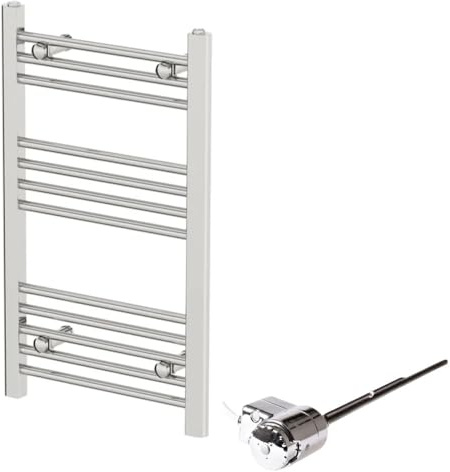 Radiant Living® 750 x 450mm Flat Straight Heated Towel Rail Radiator Dual Fuel Bathroom Warmer Wall Mounted Ladder Rad Chrome Thermostatic, 150W