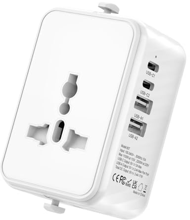 Universal Travel Adapter Worldwide Multi Plug, Travel Adaptor All in One Universal Charger Power Adapter with 1 Universal AC Outlet 4 USB Ports (2 USB C) for EU US UK AUS Multi Countries