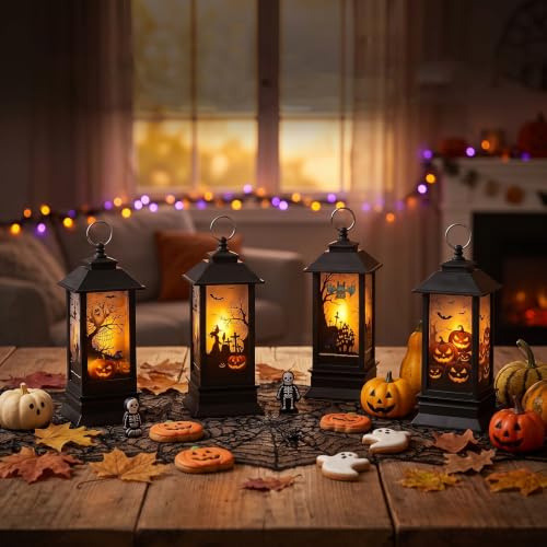 4 Stück Halloween Deko Kürbis Laterne 13cm Hohe,Halloween Laterne Outdoor mit LED Kerze,Halloween Deko Garten mit Batterie,Halloween Deko Laternen Herbst Draußen Baum Hängedeko Licht (Warmes Licht)