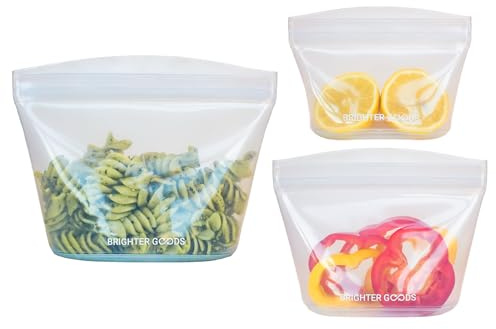 Brighter Goods Reusable Silicone Food Bags/Freezer Bags, 3-Pack (Clear) | Meal Prep Containers | Freezer, Oven, Microwave, Dishwasher Safe | Leakproof | Platinum silicone | BPA-free, Plastic-free