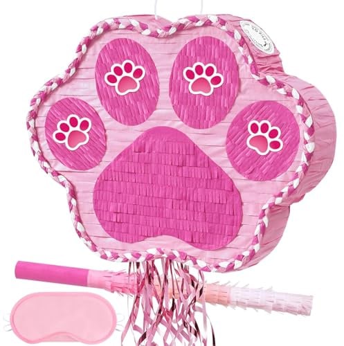 WERNNSAI Hundepfoten Pinata – 31,6 x 41,5 x 7,5 cm Rosa Welpenpfoten Piñata mit Stock Augenmaske Zugschnur Haustier Geburtstagsdekoration Haustierparty Jubiläumszubehör Partyspiel