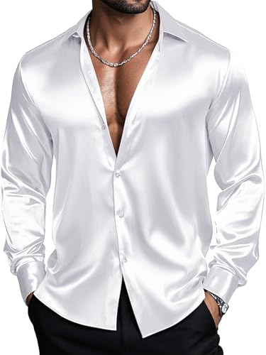 Barry.Wang Silk Shirts Men's Satin Button Down Stretch Luxury Shiny Prom | Stretch Solid,Shiny Satin,Long Sleeve,Button Up,Dress,Formal,Casual,Business Shirts,70s,Disco Party, Nightclub,Prom Party