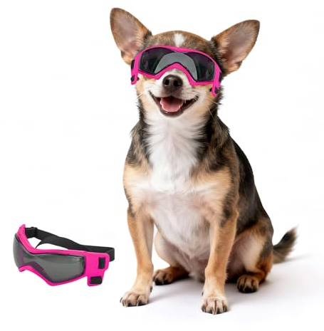 PETLESO Extra Small Dog Goggles Anti-UV Windproof XS Dog Sunglasses Eye Protection Chihuahua Goggles with Adjustable Straps for Driving/Outdoor Activities - Pink, XS