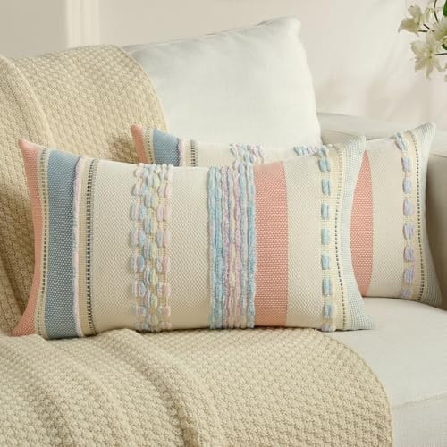 Ystyle Chenille Federe Cuscini Divano 30x50 2 Pezzi, Federa Cuscino Decorativa a Strisce con Texture Trapuntata Soffice, Boho Copricuscino Divano per Divano Soggiorno Camera, Rosa